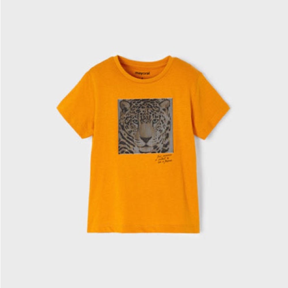 Size 7 Boys Mayoral Bright Orange Tee with Leopard Print